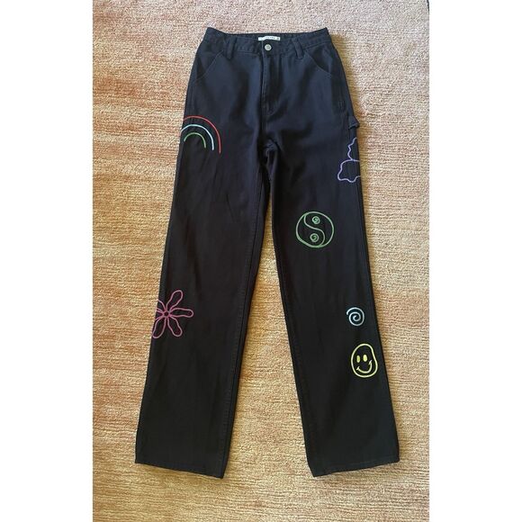 PacSun 90s BF Women’s Carpenter Pants Black Psychedelic Embroidered Y2K Size 26 - Picture 1 of 10